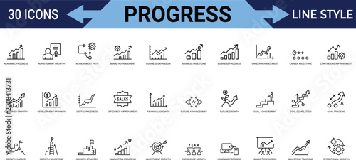 Progress line icon set for business and academic growth with financial and digital advancement.