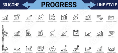 Progress line icons collection showing business growth financial success and career goals.