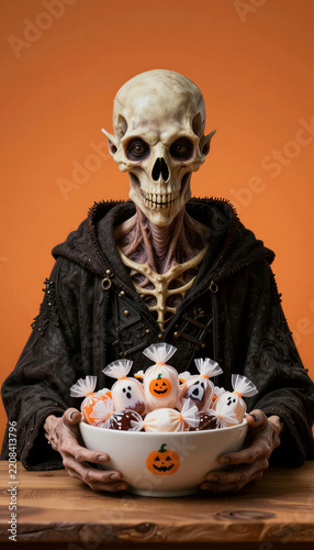 Creepy skeleton in a black hooded robe holding a bowl of Halloween