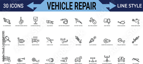 Vehicle repair line icon set for car maintenance service diagnostics parts replacement.