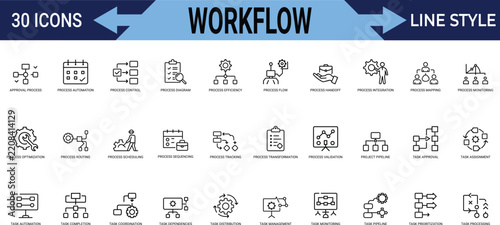 Workflow line icon set for business process management automation control planning.