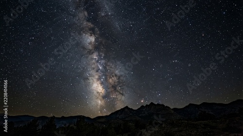 Starry sky stretches above dark mountain ridges. Milky Way glows with cosmic light and deep stars. Night holds quiet mystery over rugged terrain. Perfect for tranquil, awe-inspiring