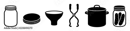 Home canning equipment and pickle jar icons including pot tongs funnel lid and preserved cucumbers for domestic food preservation concept