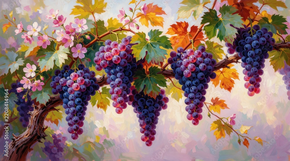 Obraz premium Oil painting of ripe purple grapes hanging on vine with pink flowers. Artistic fruit bunches grow in summer garden. Colorful vineyard scenery shows rich leaves, botanical details in bright