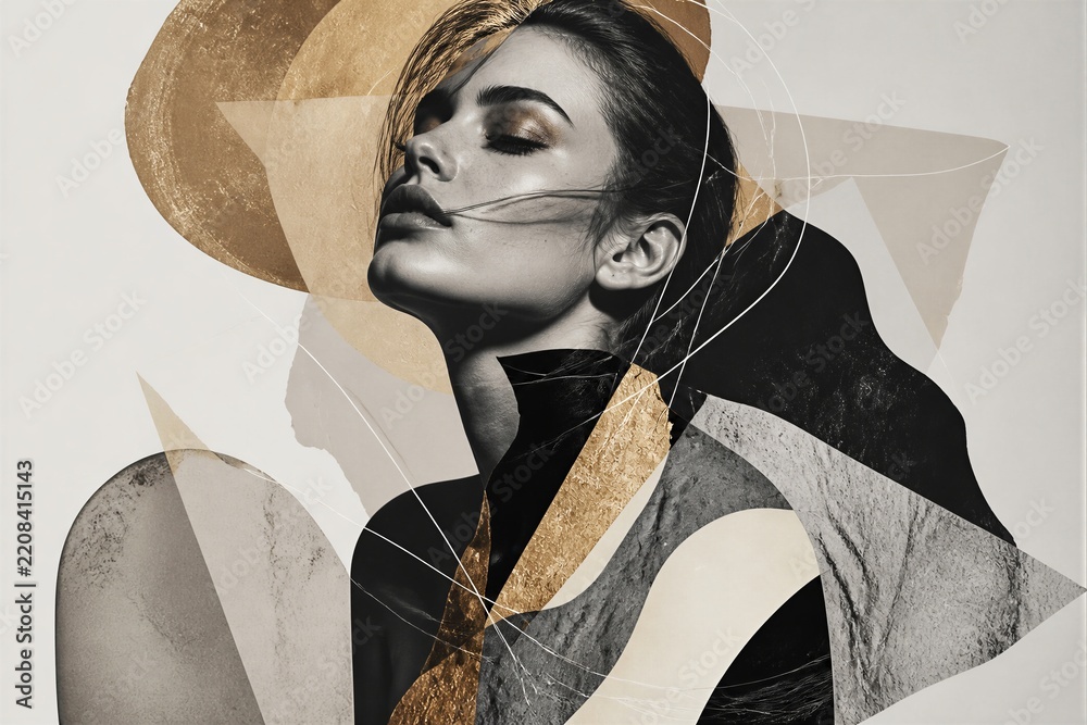 Obraz premium Female portrait posed amid abstract geometric collage background