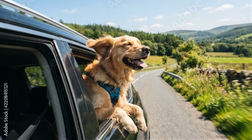 Golden retriever leans out car window. Tail wags as dog enjoys scenic drive. Sunlit hills roll behind winding road. Dog's joyful expression captures freedom. Perfect for travel, pet