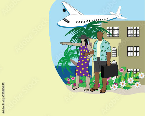 Vector illustration of a couple of tourists on vacation near the beach, with an airplane and resort-style buildings in the background and empty space on the right.