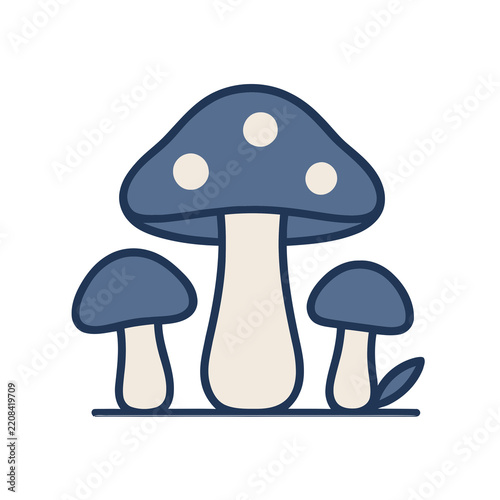 Three stylized blue mushrooms with white dots