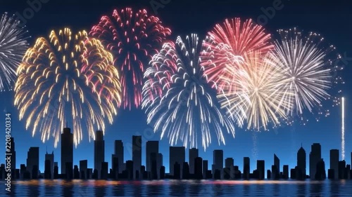 Fireworks display over city skyline at night during celebration event