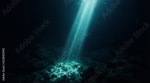 Underwater light beam penetrating deep ocean water, dramatic sun rays illuminating dark sea floor, cinematic background