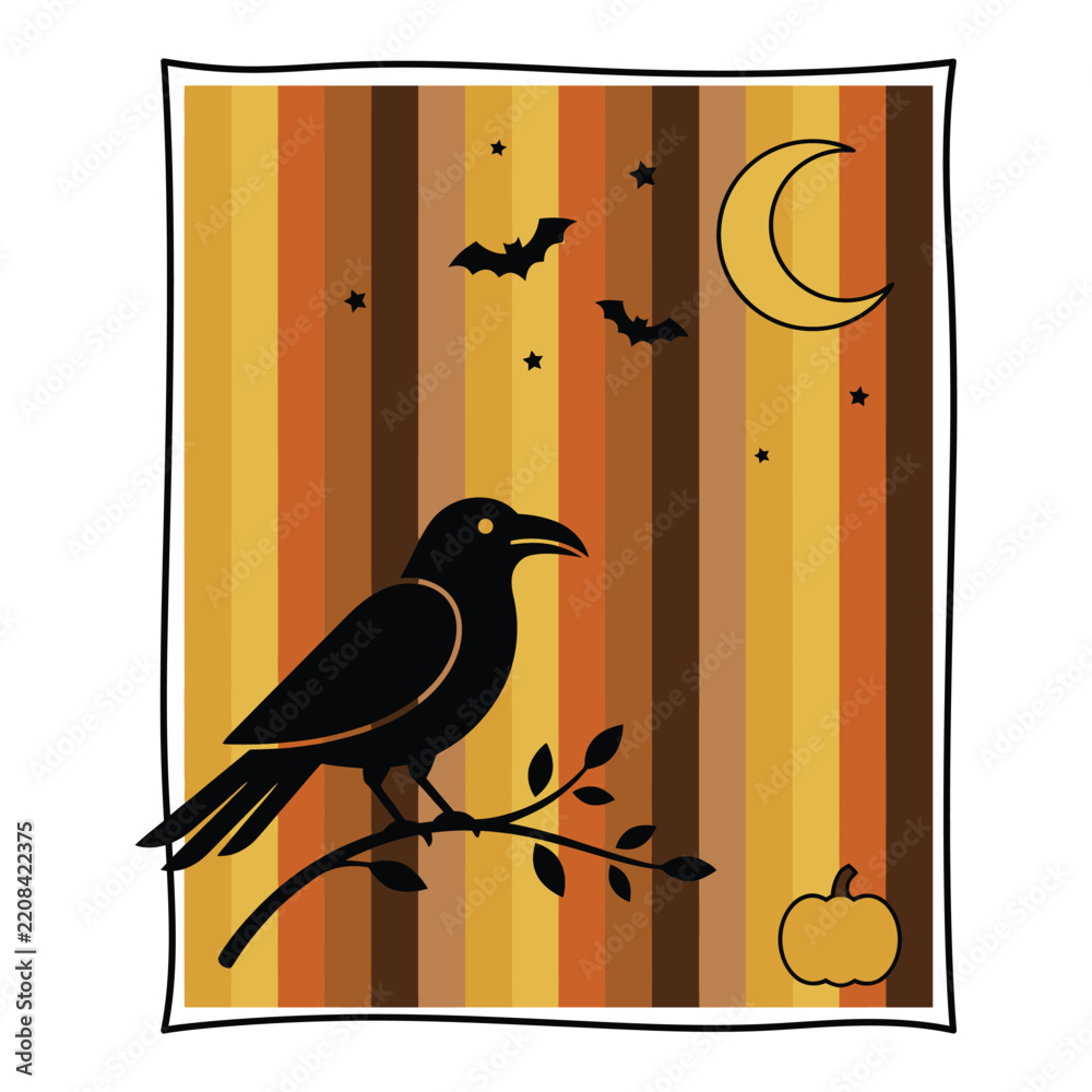 Obraz premium Spooky Halloween Raven Silhouette with Golden Crescent Moon and Autumn Stripes