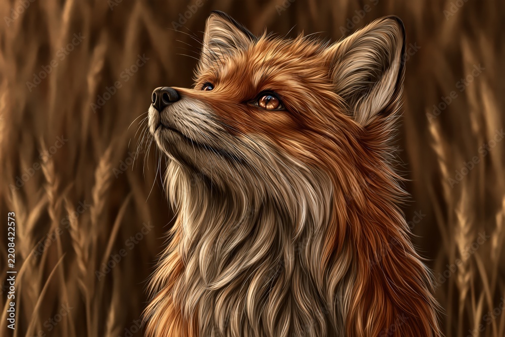 Obraz premium Red fox portrait looking up in wheat field with warm golden sunlight
