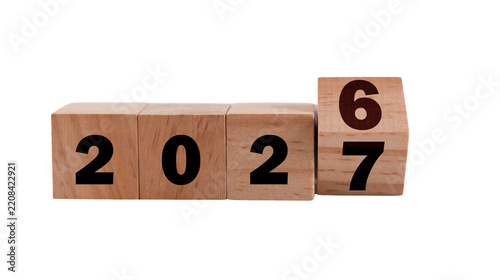 2027 wooden number blocks, New Year 2027 concept, rustic wooden calendar numbers, anniversary and celebration typography isolated on dark background
