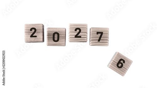 2027 white number blocks, New Year 2027 date concept, scattered wooden-style calendar numbers, minimalist year typography for celebration and holiday design