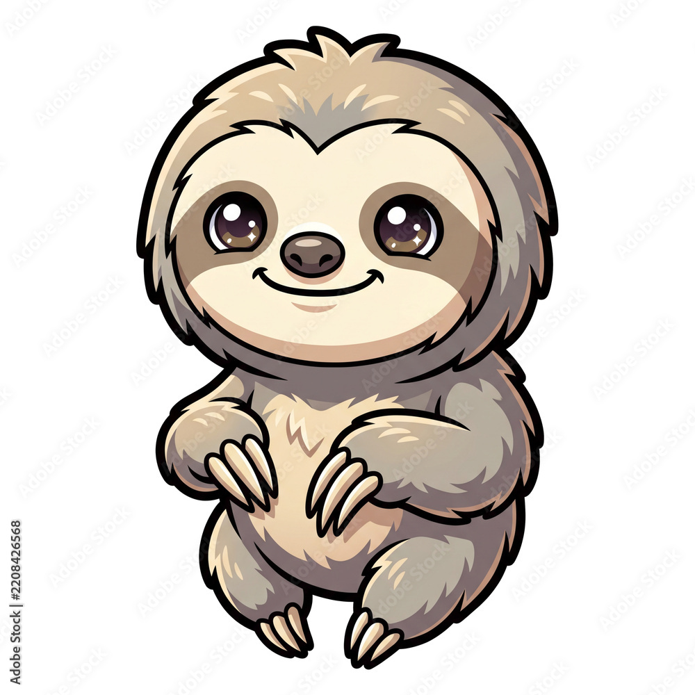 Obraz premium Cute Sloth Illustration: An adorable, cartoon-style sloth with big, expressive eyes and a gentle smile sits upright, showcasing its gentle and relaxed nature.