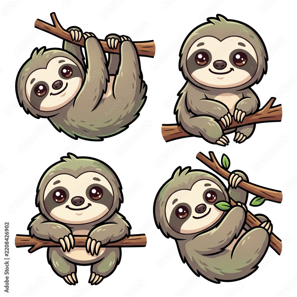 Obraz premium Cute Sloth Collection: A delightful set of four cartoon sloths, each depicted in a charming pose hanging from tree branches, showcasing their unique personalities with wide eyes and gentle smiles.
