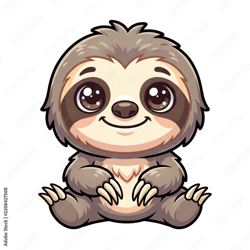 Obraz premium Cute Sloth Illustration: A charming cartoon sloth with big, expressive eyes sits patiently, its gentle smile exuding a sense of calm and contentment.