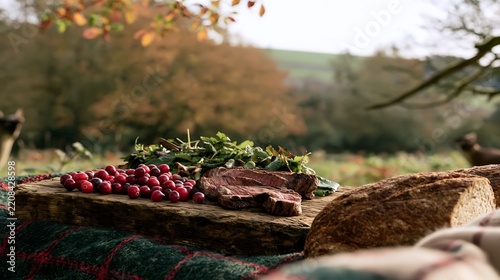Sliced Beef Steak with Fresh Cranberries and Greens