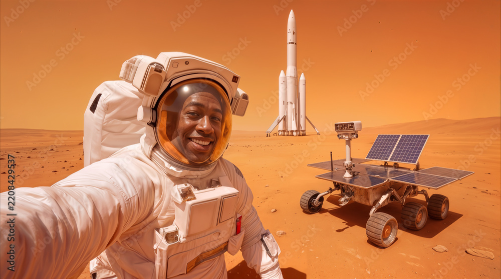 Fototapeta premium Black male astronaut taking selfie on Mars surface. Space explorer smiling with planetary rover and rocket on red desert background.