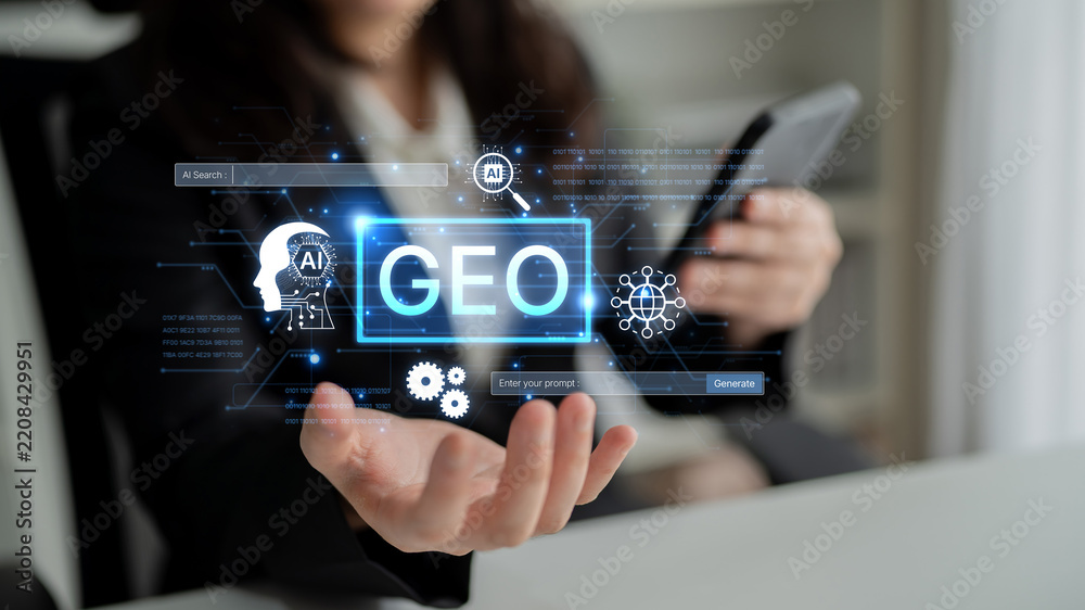 Fototapeta premium Digital marketing concept featuring GEO strategy. Generative AI search visual shows GEO interface integrating intelligence, logic, and AI input system for prompt tasks. Corpus