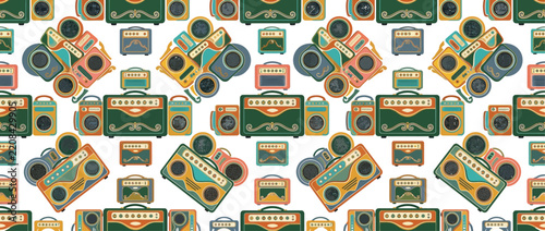 Retro boombox radio pattern in vintage color palette.