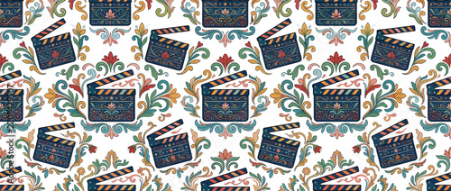 Vintage clapperboard and floral damask seamless pattern background.