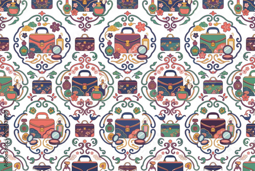 Elegant vintage briefcase and accessory damask seamless pattern.