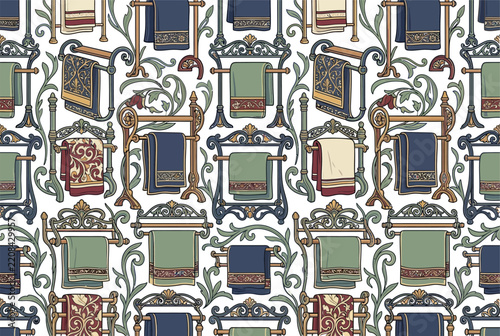 Ornate seamless pattern with bathroom towels and hanging racks.