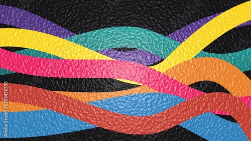 Dynamic colorful textured lines flowing across dark background in a modern abstract animation