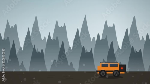 Stylized 2D animation of an orange off road truck traveling through sharp mountain peaks
