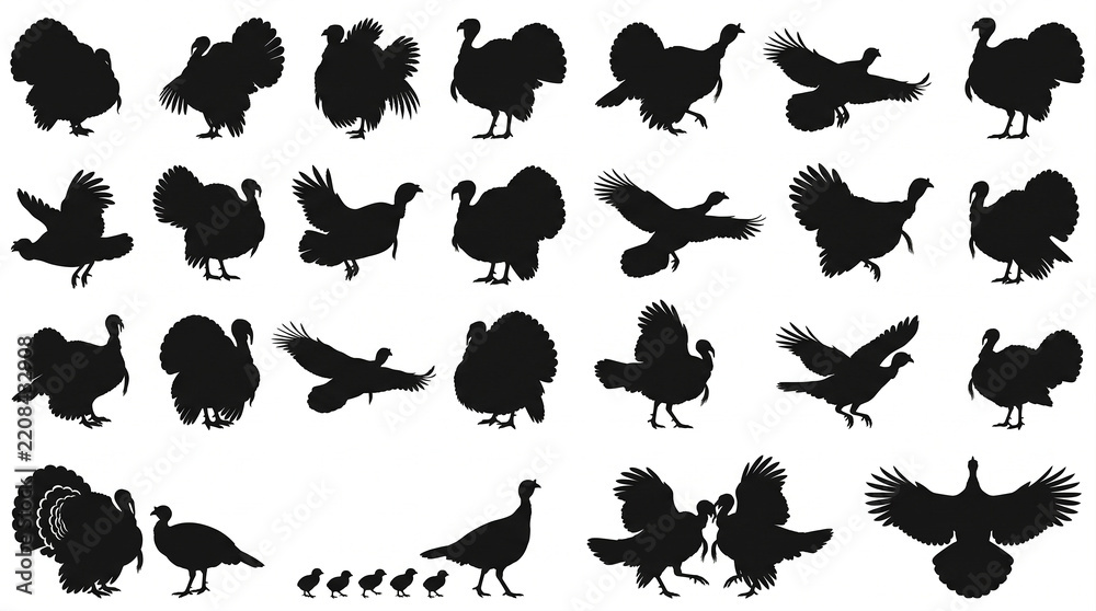 Fototapeta premium Thanksgiving turkeys silhouette icons set vector illustration isolated on white background