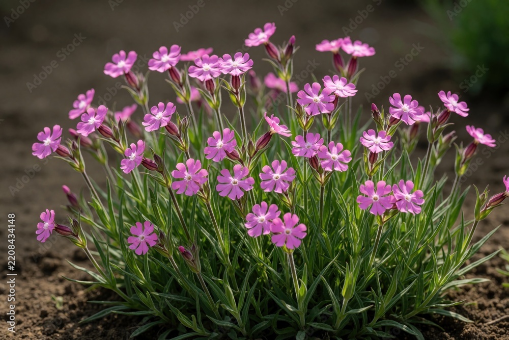 Fototapeta premium Maiden pink flowers bloom in garden. Small magenta blossoms grow on green stems in soil. Close up of bright spring plants in nature. Beautiful perennial flora creates colorful landscape for outdoor