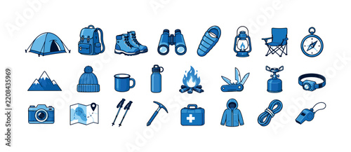 Set of blue camping and hiking equipment icons for outdoor adventure and wilderness exploration