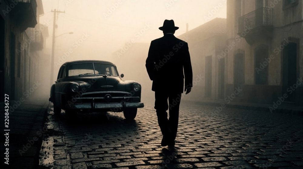 Naklejka premium Silhouetted man in hat walks away from vintage car on foggy street at dawn. Mystery man strolls down cobblestone road near old classic vehicle in misty morning. Moody urban scene with retro car,