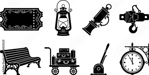 Set of vintage railway station icons including ticket lantern luggage cart bench clock and train signals