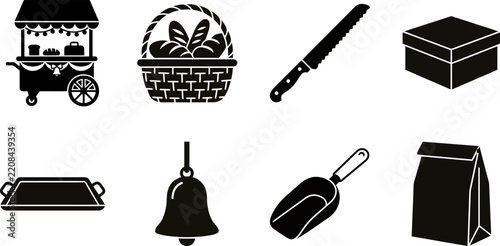 Set of black and white vector icons representing various bakery and food service equipment and supplies
