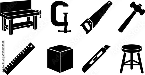 Set of black and white workshop equipment icons representing construction tools and furniture for carpentry and diy projects