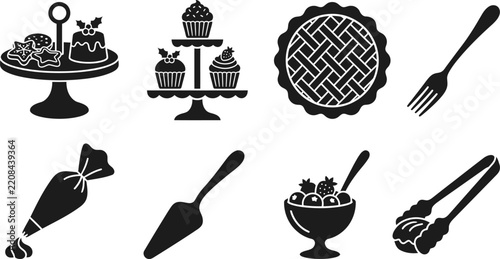 A collection of black silhouette icons representing baking tools and festive dessert presentation items