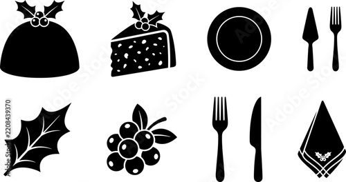 A collection of vintage christmas illustrations depicting festive food decorations and elegant dining elements