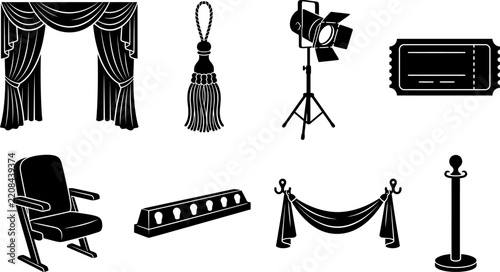 A collection of various decorative elements and furnishings including curtains lighting and seating