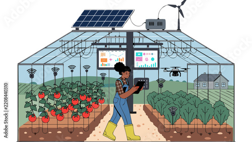 Female farmer using a tablet in a smart greenhouse with solar panel, wind turbine, drone and Iot sensors growing tomatoes
