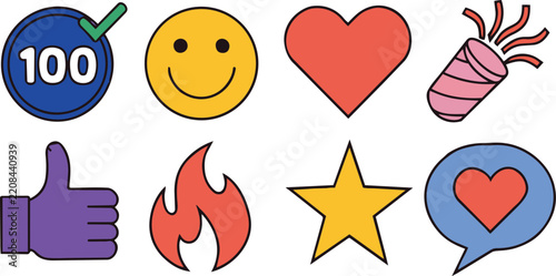 Set of colorful social media reaction icons and emojis