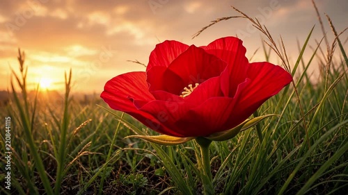 Red Rose Opening from Bud in Sunset Meadow Grass Field Petals Unfurling Blossoming Crimson Flower Growing in Golden Light into a Full Open Bloom Fresh Natural Beauty Soft Morning Light