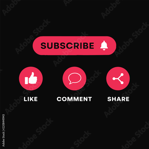 Social media engagement buttons set with subscribe like comment and share icons