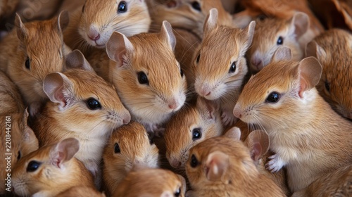 Close-up of many small rodents clustered together, autumnal leaves in background