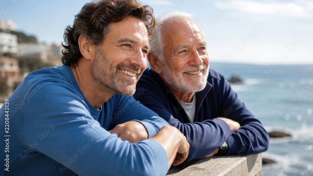 Fototapeta premium Happy Adult Son and Senior Father Enjoying Relaxing Time Together by the Sea