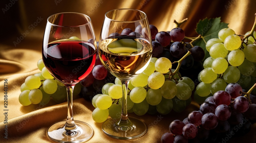 Obraz premium Elegant wine glasses filled with red, white wine sit near fresh grape clusters. Green, purple grapes lie on gold silk fabric. Luxury beverage arrangement for celebration, gourmet dining, winery