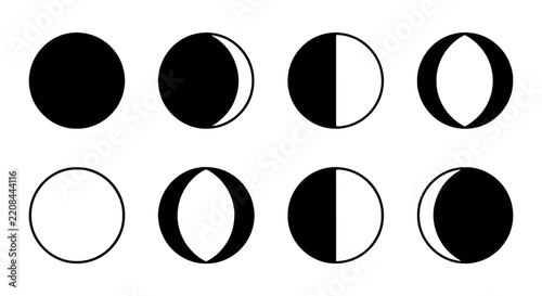 A series of eight circular icons depict the various phases of the moon, from full to new, in black and white.