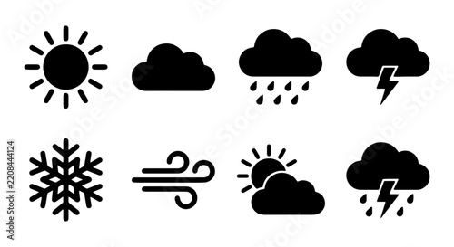Weather icons in black silhouette show a sun, clouds, rain, snowflake, wind, and lightning strikes.