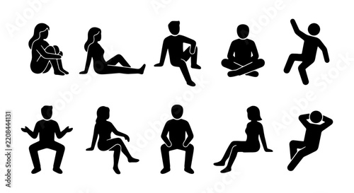 Silhouettes of people in various sitting and reclining poses are displayed against a white background.